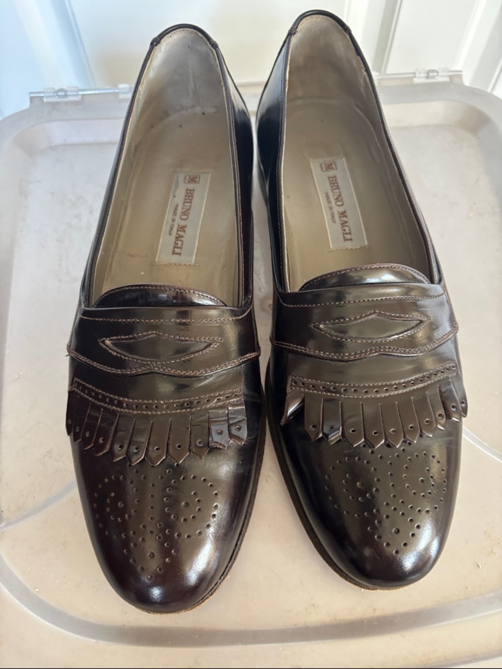 Bruno Magli Dark Brown Leather Fringe Penny Loafers